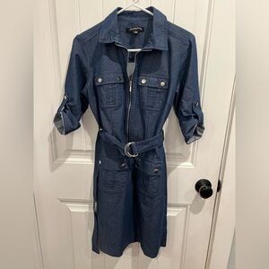Sharagano Denim Zip-Front Shirt Dress with Belt - Navy Blue 4